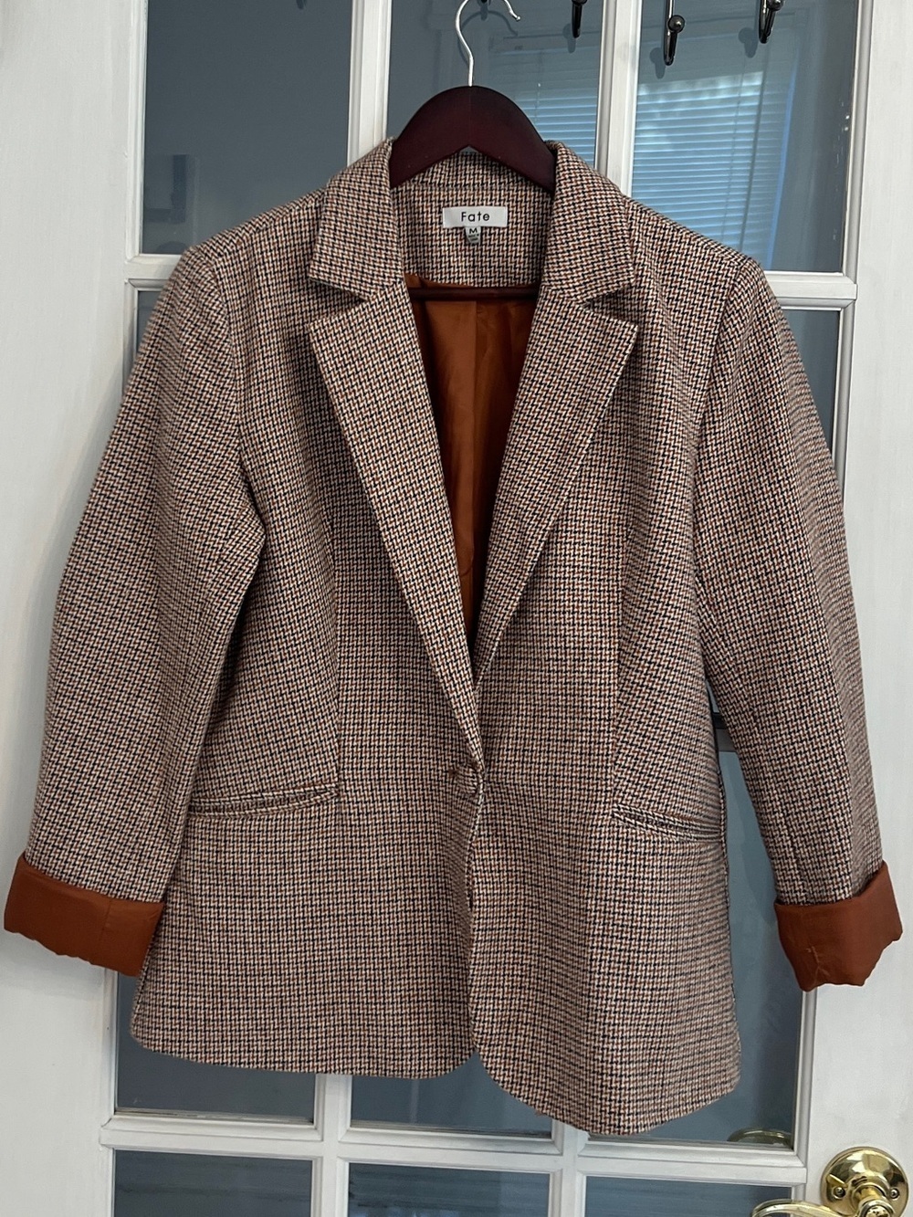 FATE Women's Brown Houndstooth Single Button Blazer Jacket Size M